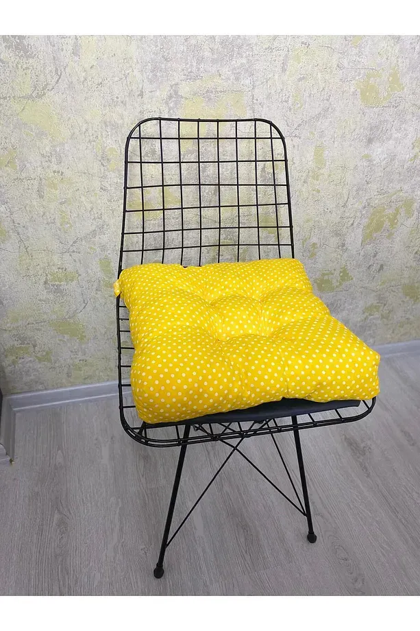 Sarı Renk Sandalye Minderi Düğme Dikişi Detaylı 40x40cm Bağcıklı